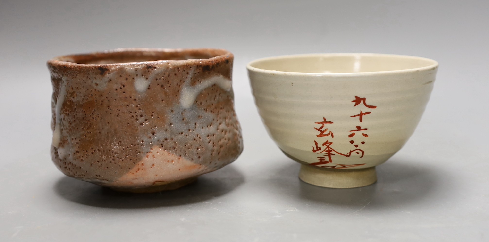 Two Japanese studio pottery chawan tea bowls, one with raku glaze, 12cm diameter